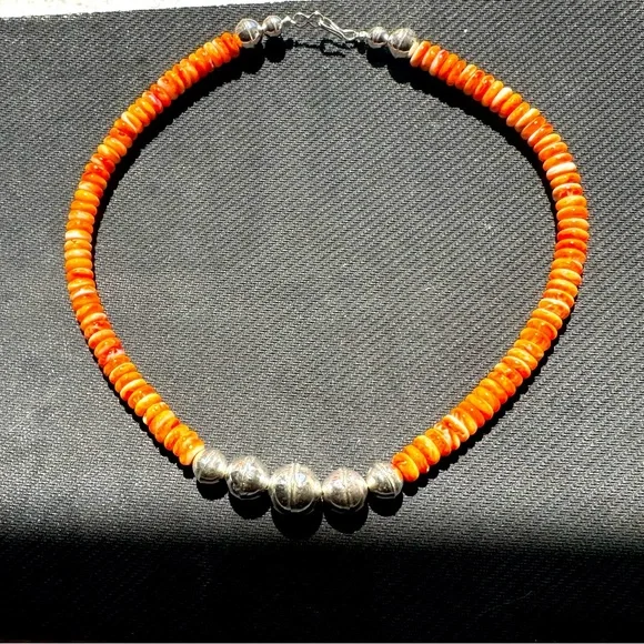 Hand Crafted “One of a Kind” Orange. spiny Oyster & Sterling Silver Necklace - Picture 2 of 4
